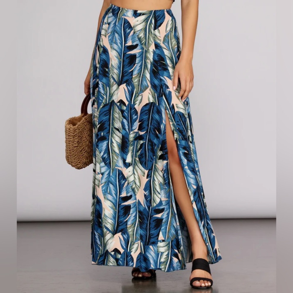 WINDSOR MAXI SKIRT BLUE NUDE LEAVES PATTERN SUMMER SKIRT